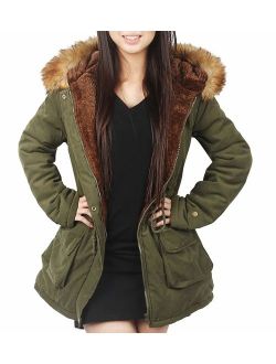 4How Womens Hooded Parka Jacket Warm Winter Coat Faux Fur Trim