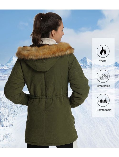 4How Womens Hooded Parka Jacket Warm Winter Coat Faux Fur Trim