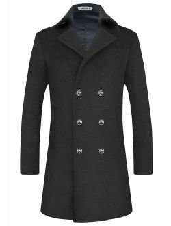 Men's Wool Coat Winter Trench Top Long Pea Coat Woolen Blend Silm Fit with Hooded Single Breasted Business Suits