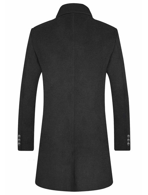 Men's Wool Coat Winter Trench Top Long Pea Coat Woolen Blend Silm Fit with Hooded Single Breasted Business Suits