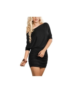 Anxihanee Women's Off Shoulder Bat Sleeve Party Club Ruched Bodycon Mini Dress