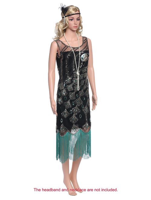 BABEYOND 20's Vintage Peacock Sequin Embellished Fringed Party Flapper Dress