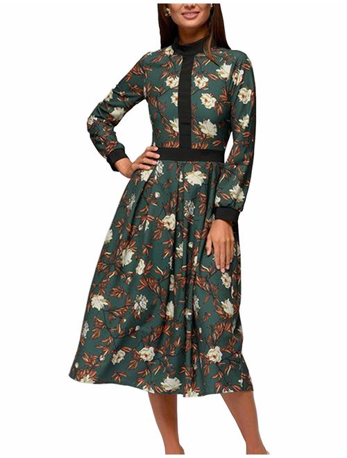 Simple Flavor Women's Floral Vintage Midi Dress Elegant Work Dress Long Sleeve