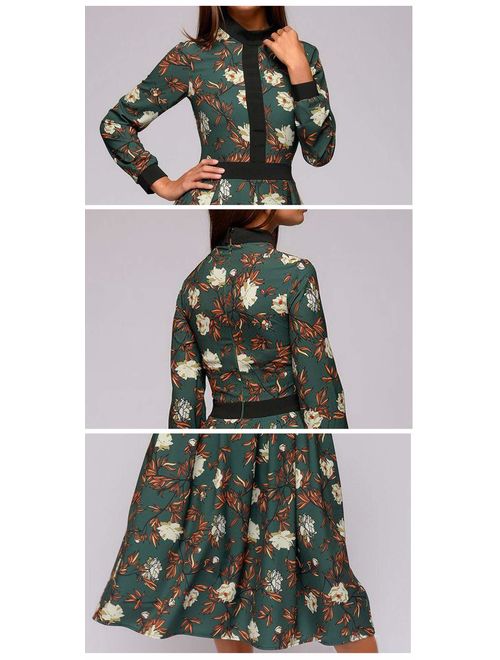 Simple Flavor Women's Floral Vintage Midi Dress Elegant Work Dress Long Sleeve