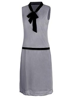 VIJIV Womens 1920s Midi Flapper Dress V Neck Grey Bow Roaring 20s Great Gatsby Dress