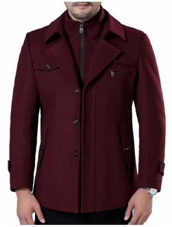 ZENTHACE Mens Winter Solid Single Breasted Thicken Warm Wool Blend Pea Coat