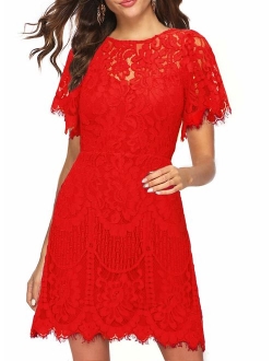 MSLG Women's Elegant Round Neck Short Sleeves V-Back Floral Lace Cocktail Party A Line Dress 910