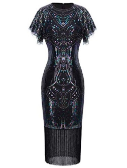 FAIRY COUPLE 1920s Knee Length Flapper Party Cocktail Dress with Sequined Embellished Cap Sleeve Layer Tassels Hem