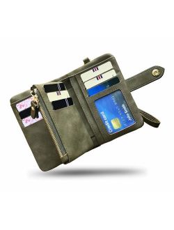 Women's Small Bifold Leather wallet Rfid blocking Ladies Wristlet with Card holder id window Coin Purse