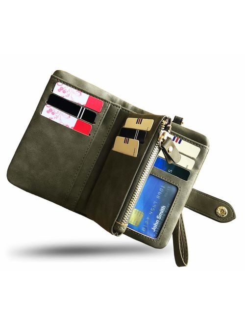 Women's Small Bifold Leather wallet Rfid blocking Ladies Wristlet with Card holder id window Coin Purse