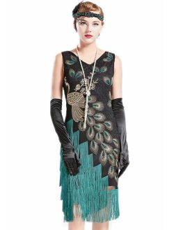 BABEYOND 1920s Vintage Peacock Sequined Dress Gatsby Fringed Flapper Embellished Dress Roaring 20s Party Dress