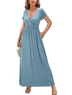 OUGES Short Sleeve V-Neck Wrap Waist Maxi Dress