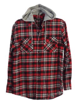 Men's Removable Hoodie Plaid Checkered Flannel Button Down Shirt