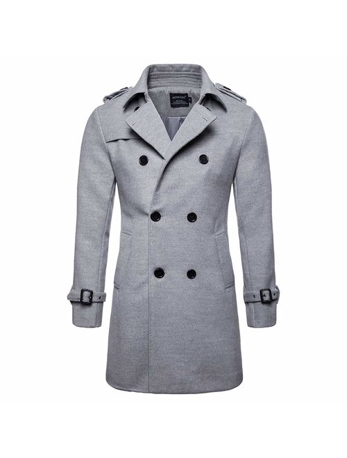 AOWOFS Men's Trench Coat Wool Blend Winter Long Double Breasted Overcoat Slim Fit Warm Pea Coat