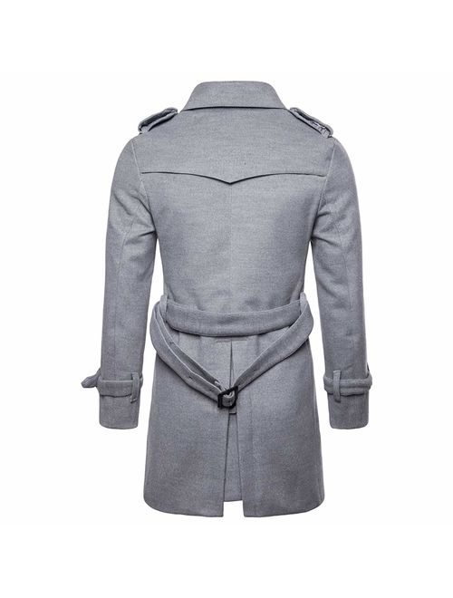 AOWOFS Men's Trench Coat Wool Blend Winter Long Double Breasted Overcoat Slim Fit Warm Pea Coat