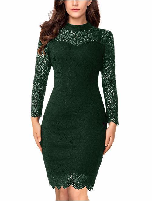 Noctflos Long Sleeve Lace Bodycon Scalloped Knee Length Cocktail Party Dress for Women