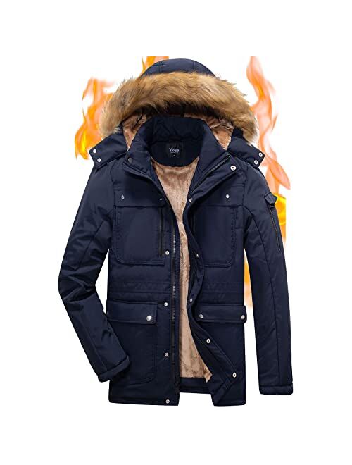 Yozai Mens Winter Military Warm Jacket Fleece with Detachable Fur Hood Outwear
