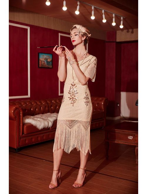 Metme Women's Roaring 1920s Gatsby Dresses Short Sleeve Dress Cocktail Flapper Dress