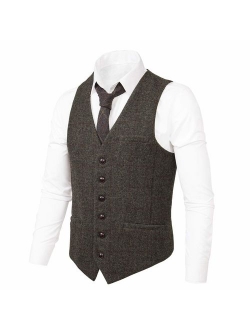VOBOOM Men's Slim Fit Herringbone Tweed Suits Vest Premium Wool Blend Waistcoat