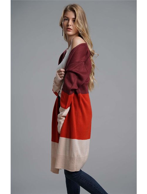 KIRUNDO Women's Open Front Long Cardigan Strip Color Block Long Sleeves Lightweight Knit Fall Outwear Sweater Coats
