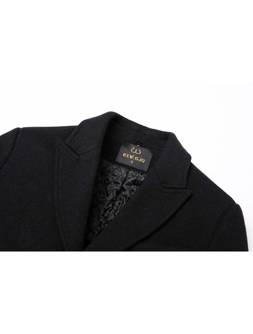 HXW.GJQ Men's Winter Warm Slim Fit Long Wool Blend Coat Business Jacket with Free Detachable Scarf