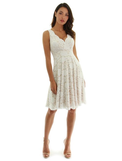 PattyBoutik Women Floral Lace Overlay Fit and Flare Dress
