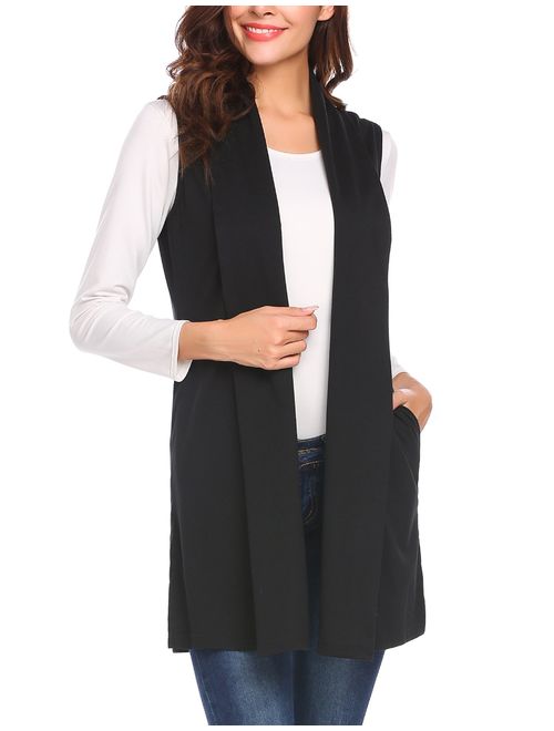 Beyove Womens Long Vests Sleeveless Draped Lightweight Open Front Cardigan Layering Vest with Side Pockets
