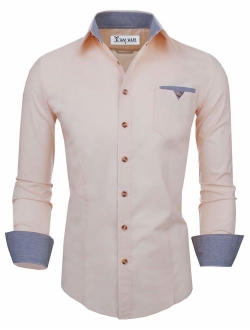 TAM WARE Men's Classic Slim Fit Contrast Inner Long Sleeve Dress Shirts
