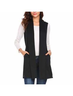 XLSTORE Womens Long Vests Sleeveless Draped Lightweight Open Front Cardigan Layering Vest with Side Pockets