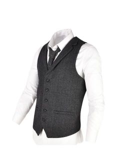VOBOOM Mens Herringbone Tailored Collar Waistcoat Fullback Wool Tweed Suit Vest