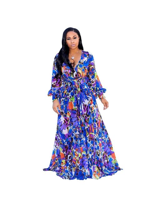 Nuofengkudu Womens Stylish Chiffon V-Neck Printed Floral Maxi Dress with Waisted Belt Plus Size (FBA)