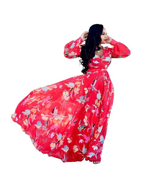 Nuofengkudu Womens Stylish Chiffon V-Neck Printed Floral Maxi Dress with Waisted Belt Plus Size (FBA)
