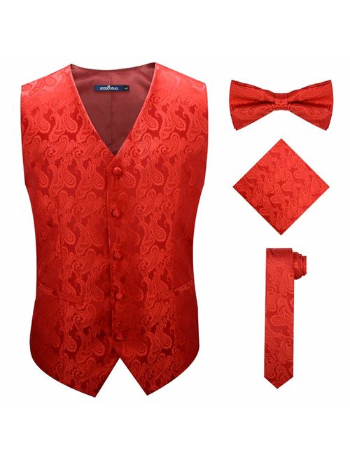 SuiSional Mens 4pc Classic Paisley Suit Vest Set Necktie Bowtie Hanky for Tuxedo