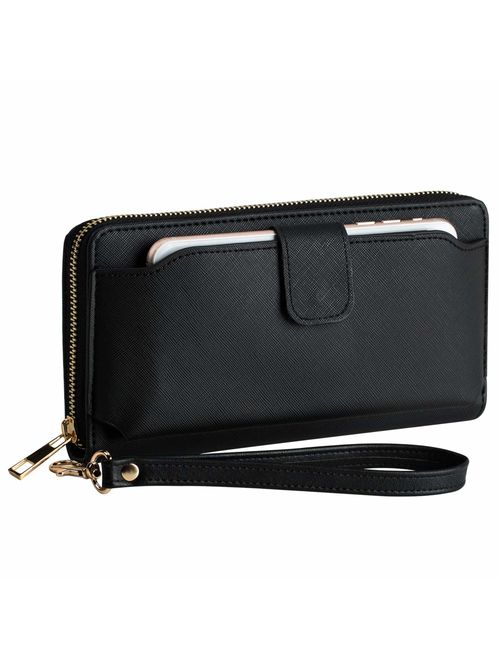 Women Wristlet Wallet with Cell Phone Holder RFID Blocking Zip Around Wallet PU