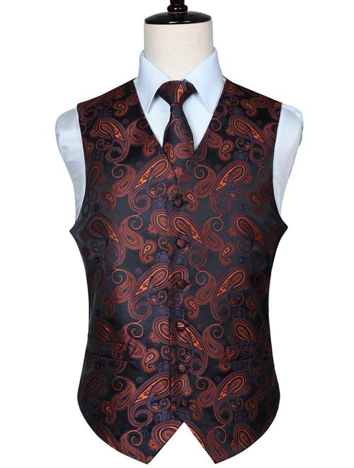 HISDERN Men's Classic Paisley Floral Jacquard Waistcoat & Necktie and Pocket Square Vest Suit Set