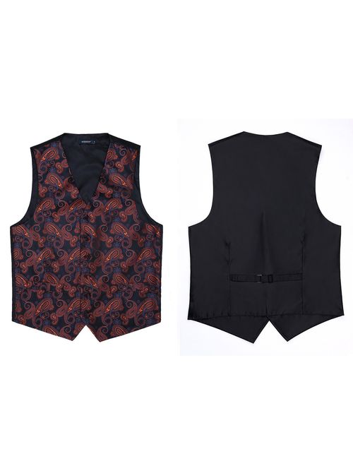 HISDERN Men's Classic Paisley Floral Jacquard Waistcoat & Necktie and Pocket Square Vest Suit Set