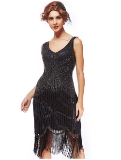uniq sense xs-4xl Women's Roaring 20s V-Neck Gatsby Dresses- Vintage Inpired Sequin Beaded Flapper Dresses