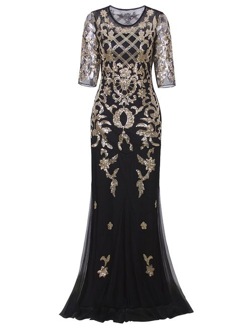 VIJIV Vintage 1920s Long Wedding Prom Dresses 2/3 Sleeve Sequin Party Evening Gown