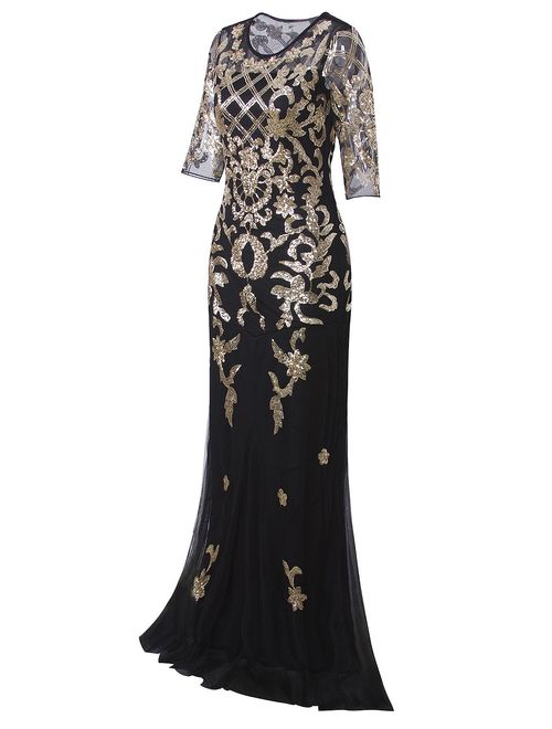 VIJIV Vintage 1920s Long Wedding Prom Dresses 2/3 Sleeve Sequin Party Evening Gown
