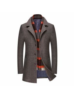 PRIJOUHE Men's Wool Coat Winter Coat Slim Medium Long Coats Overcoat Male