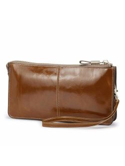 Lecxci Luxury Womens Genuine Leather Clutch Cell Phone Handbags, Zipper Wristlets RFID Blocking Wallets Purse for Women