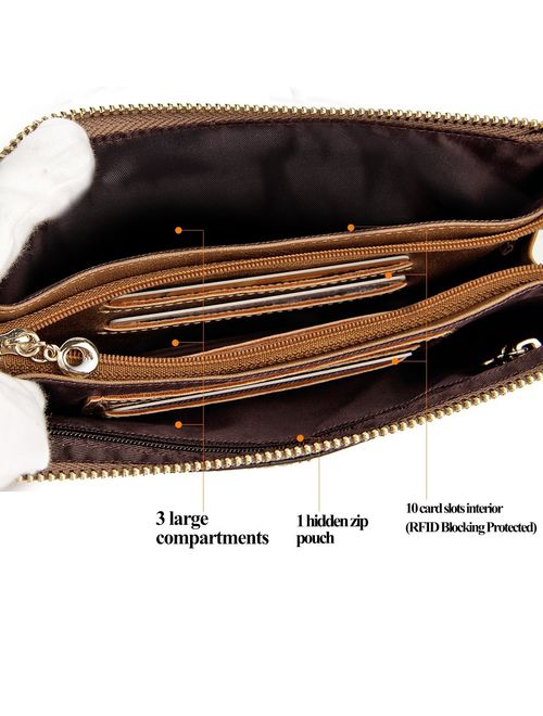 Lecxci Luxury Womens Genuine Leather Clutch Cell Phone Handbags, Zipper Wristlets RFID Blocking Wallets Purse for Women