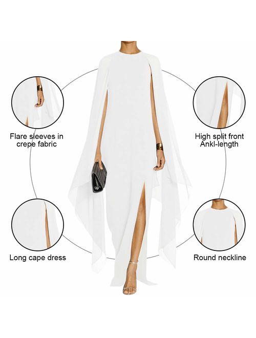 MAYFASEY Elegant High Front Slit Flare Cape Sleeve Formal Evening Gowns Maxi Dress 