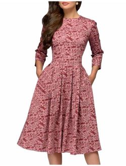 Simple Flavor Women's Floral Evening Flare Vintage Midi Dress 3/4 Sleeve