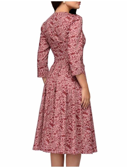Simple Flavor Women's Floral Evening Flare Vintage Midi Dress 3/4 Sleeve