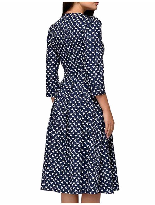 Simple Flavor Women's Floral Evening Flare Vintage Midi Dress 3/4 Sleeve
