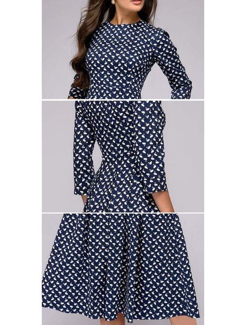 Simple Flavor Women's Floral Evening Flare Vintage Midi Dress 3/4 Sleeve
