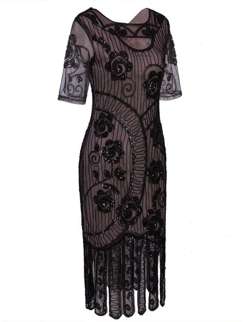 VIJIV Women Vintage 1920s Embellished Floary Beaded Cocktail Flapper Dress with Sleeves Gatsby Party