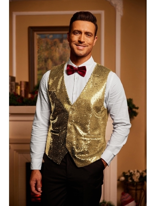 COOFANDY Men's Slim Fit Sequins Vest V-Neck Shiny Christmas Party Dress Suit Stylish Vest Waistcoat