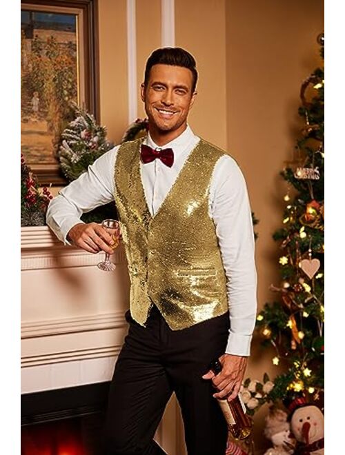 COOFANDY Men's Slim Fit Sequins Vest V-Neck Shiny Christmas Party Dress Suit Stylish Vest Waistcoat